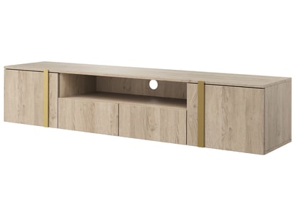 Verica 200 cm-es TV-szekrény, falra szerelhető, nyitott polccal - szivacsos tölgy / arany fogantyúk