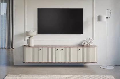 Závěsný TV stolek Vesper 4D 187 cm - kašmírová / ořech / černé úchytky Skříňka RTV závěsná Vespera 4D 187 cm - kašmír / ořech / černá Úchytky