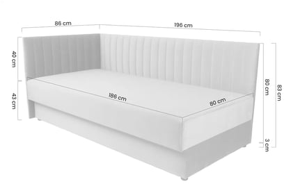 Rozkladacie jednolôžko Nutri ľavostranné s úložným priestorom - sivý velúr Zanzibar 182, 186x80 cm Detská pohovka/posteľ ľavá strana s úložným priestorom Nutri - šedý zamat Zanzibar 182, 186x80/80 cm