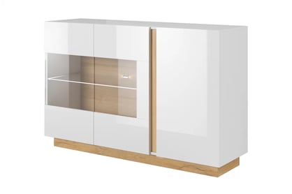 Komoda Arcano 138 cm s proskleným čelem - bílá / dub grandson