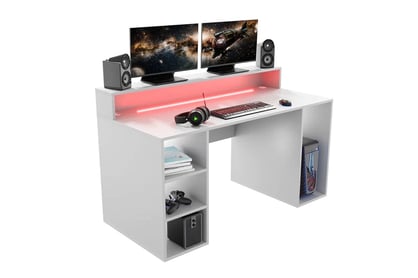 Demin gaming íroasztal, polcokkal és LED szalaggal - fehér