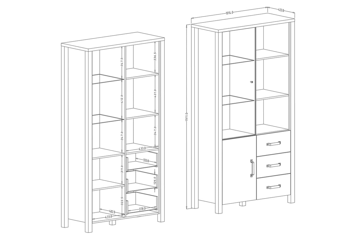 Presklená vitrína Olin 13 - appenzeller fichte / čierny mat - 101 cm Vitrína do obývačky loft