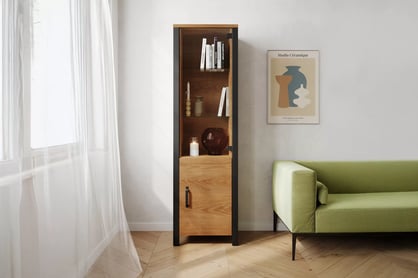 Olin 05 kétajtós, keskeny vitrin - karamell tölgyfa/ fekete szupermatt Witryna Olin 05 50 cm - karamell-tölgy / fekete supermat