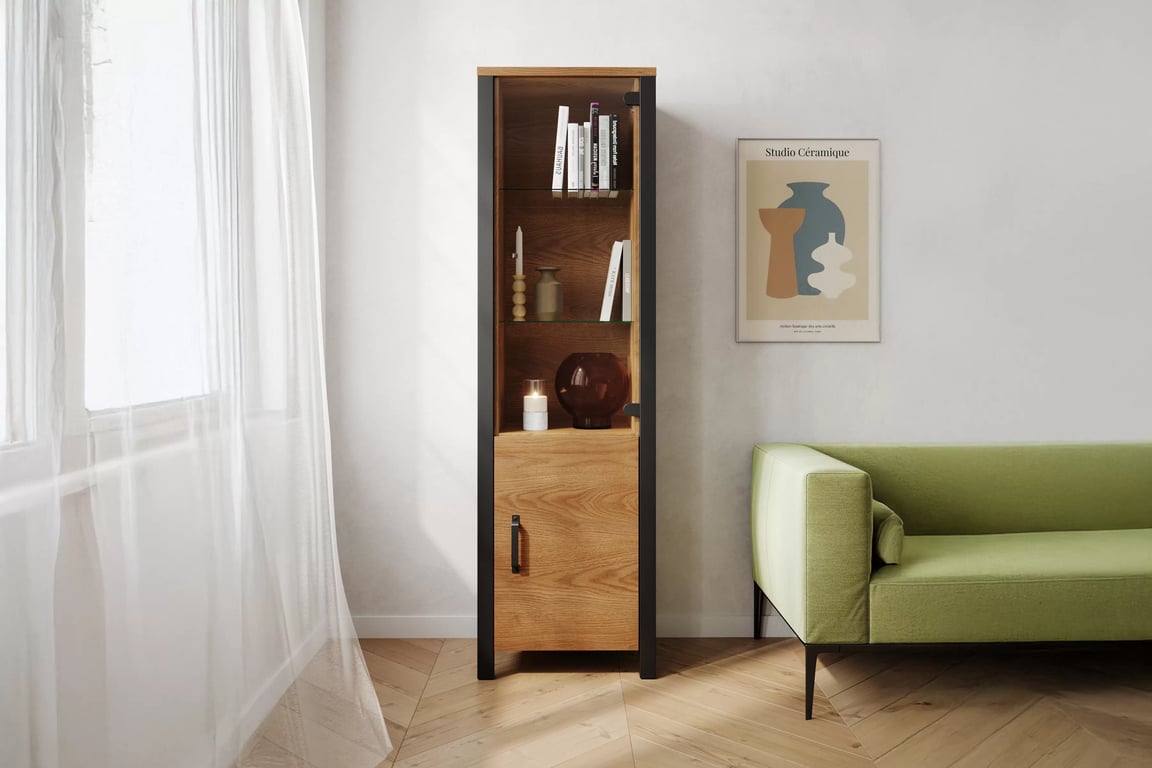 Olin 05 kétajtós, keskeny vitrin - karamell tölgyfa/ fekete szupermatt Witryna Olin 05 50 cm - karamell-tölgy / fekete supermat