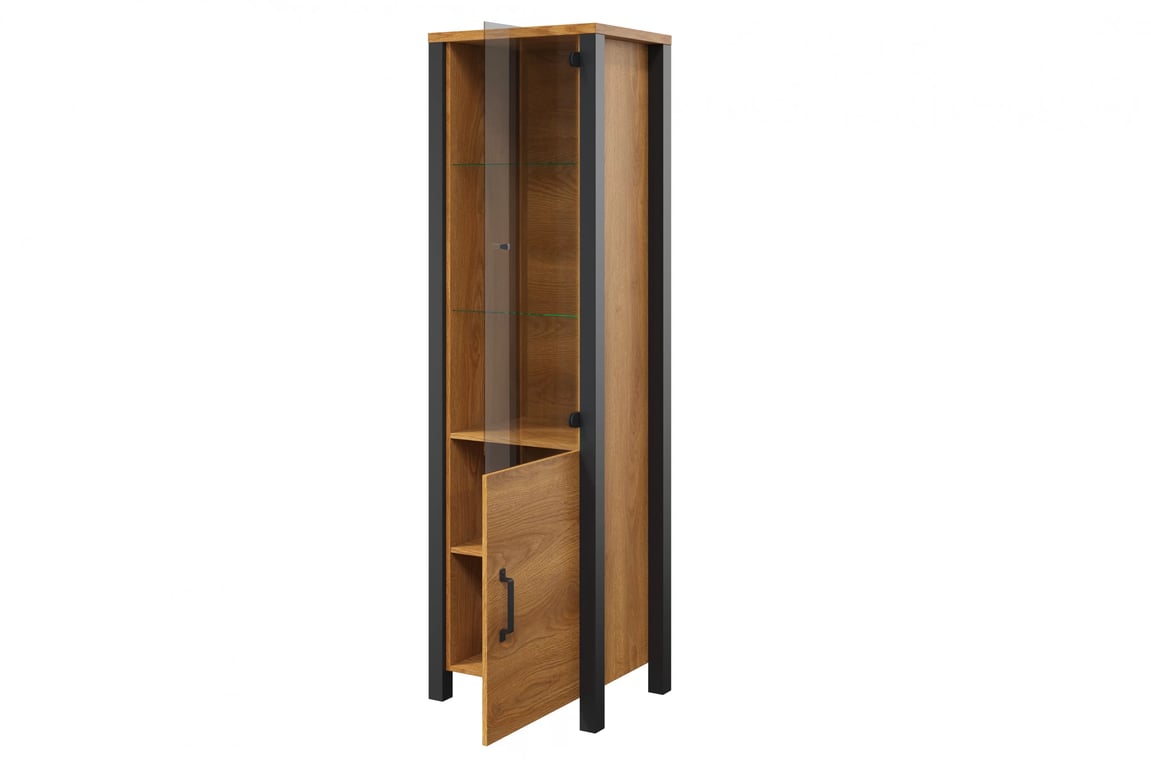 Olin 05 kétajtós, keskeny vitrin - karamell tölgyfa/ fekete szupermatt Witryna Olin 05 50 cm - karamell-tölgy / fekete supermat