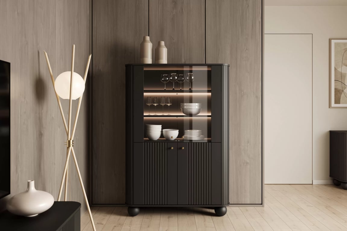 Vesper vitrin 103 cm - fekete / arany fogantyúk / gömb lábak Witryna Vesper a nappaliba - fekete / zlote Fogantyúk / Lábak kule