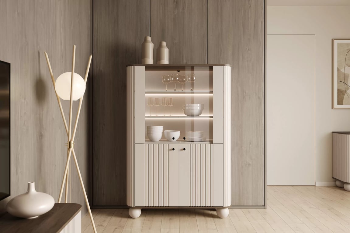 Vesper vitrin 103 cm - kasmír / dió / fekete fogantyúk / gömb lábak Witryna Vesper a nappaliba - kasmír / diofa / fekete Fogantyúk / Lábak kule