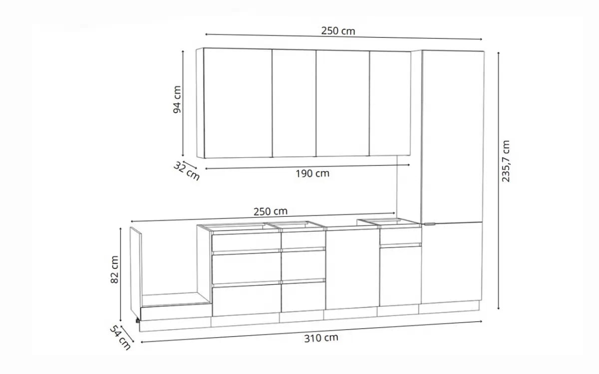 Kuchyňská sestava Campari 310 cm – karamelový dub Komplet nábytku kuchennych Campari 310cm - dub karmel / černá