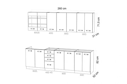 Kuchynská linka Elko 240cm - biely Komplet nábytku kuchynského Elko 260cm - Biely