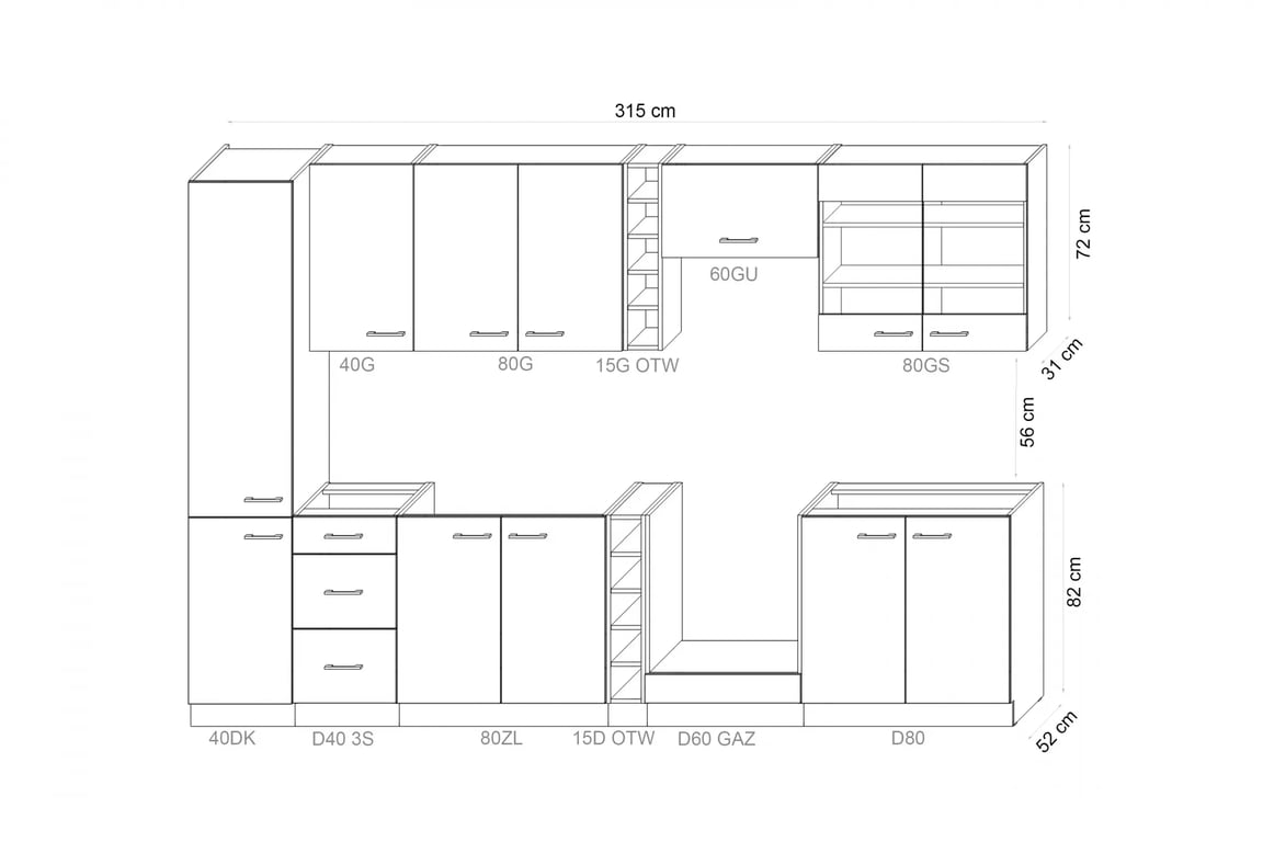 Kuchyňa Emirel - Zostava 3,15 m - Kuchynská linka Komplet nábytku kuchynského Emirel 315cm - Čierny mat / Dub artisan