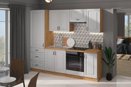 Kuchynská zostava Estella 240 cm - biely mat / dub artisan