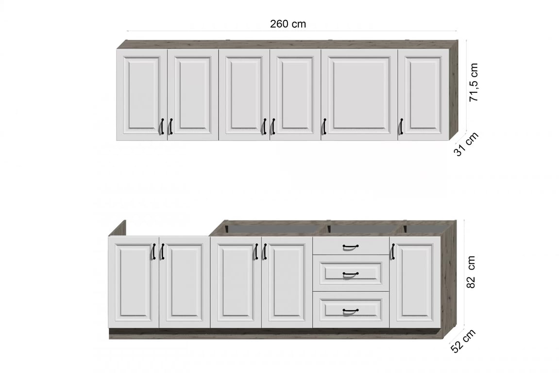 Kuchyňská sestava nábytku Estella 260 cm - dub artisan / bílý mat Komplet nábytku kuchennych Estella 260cm - bílý mat / dub artisan