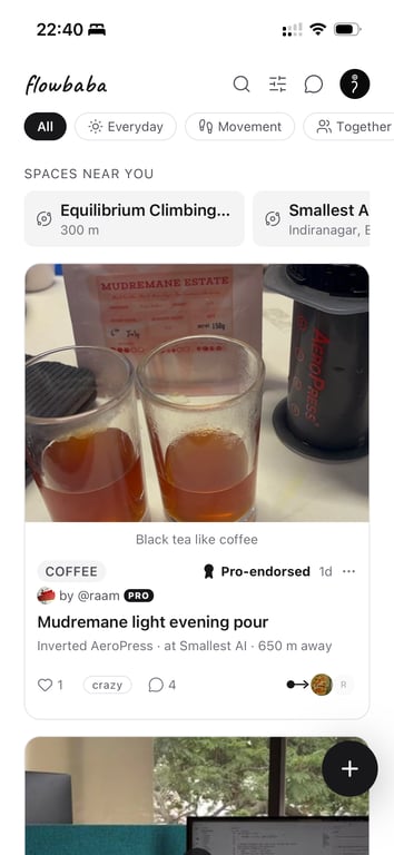 The Flowbaba feed: a coffee moment, pro-endorsed, with spaces near you