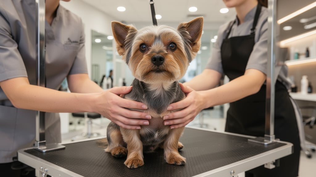 Small dog on grooming table with groomer's gentle hands supporting its body in a clean, bright salon.
