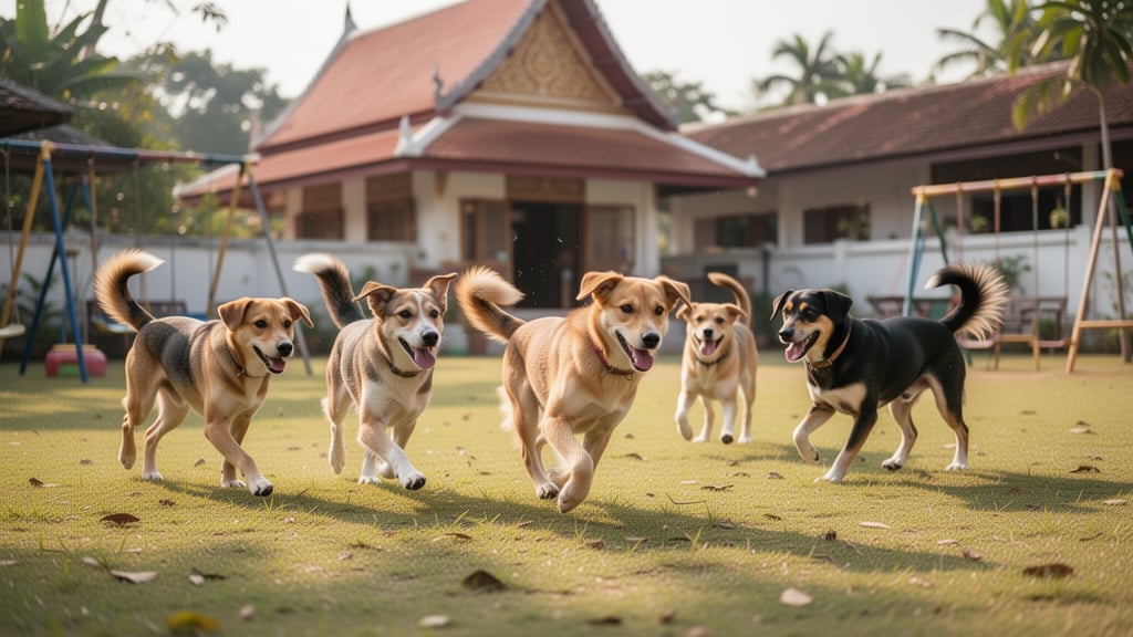 Multiple dogs playing together in an open outdoor yard in Thailand during daytime