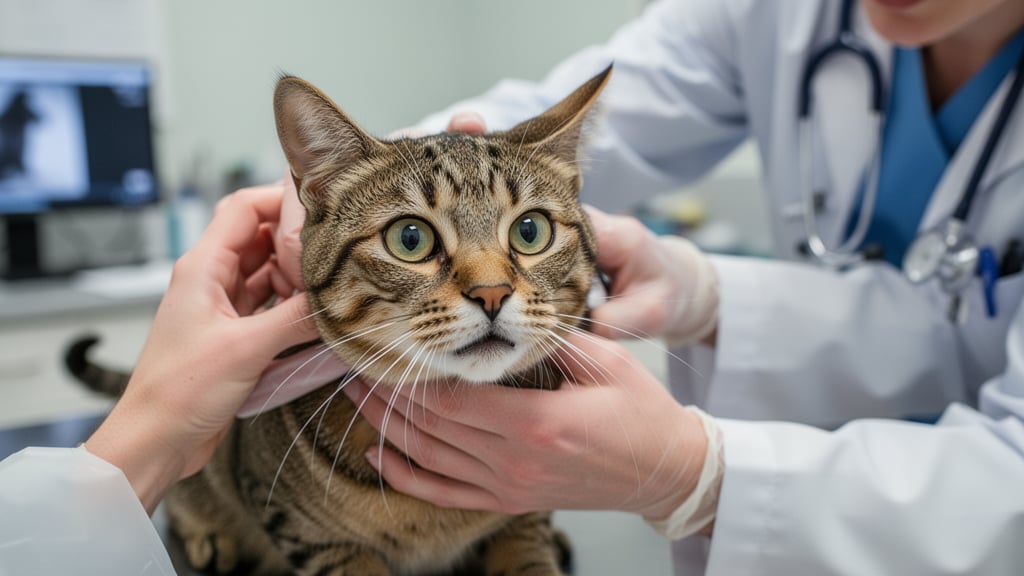 A cat receiving examination from a veterinarian's hands in a clinical setting