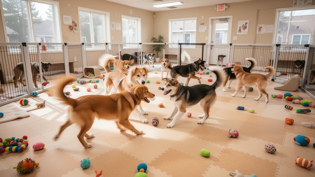 Several dogs of various sizes playing together in a bright indoor daycare facility with soft flooring and toys.