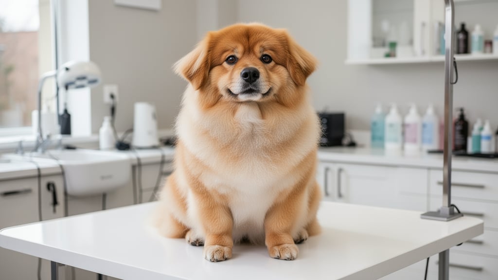 A freshly groomed medium-sized dog with a clean fluffy coat sitting on a grooming table in a bright professional salon.