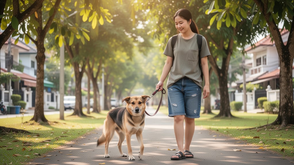 Dog walker holding leash of medium-sized dog on a tropical tree-lined path during daytime.