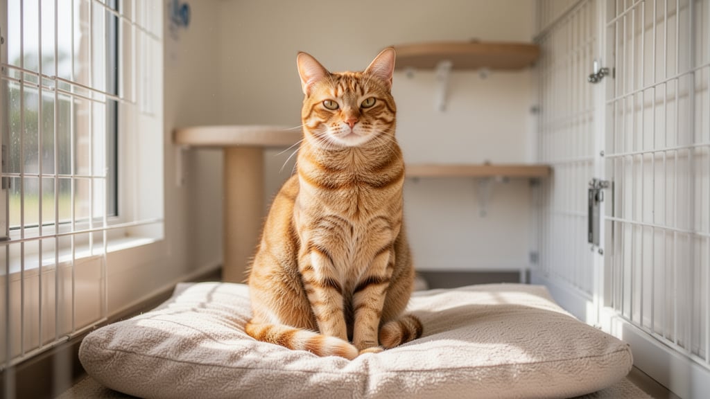 Calm tabby cat resting on a soft cushion in a bright, clean boarding enclosure with a raised perch visible in the background.