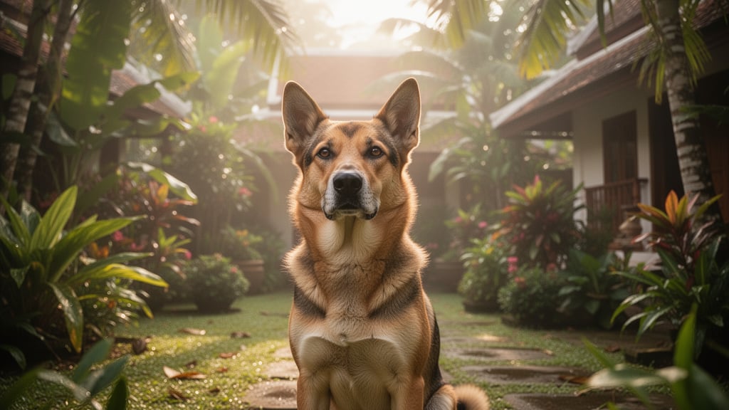 Dog sitting outdoors in a lush tropical garden setting with warm sunlight and visible humidity.