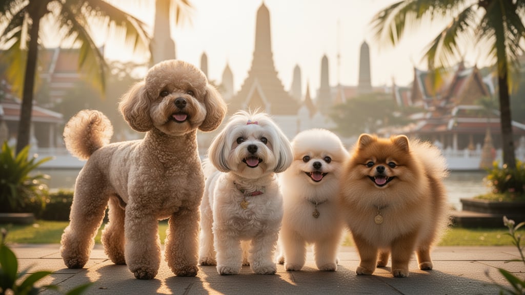 Four small dog breeds lined up outdoors: a groomed poodle, Shih Tzu, Maltese, and Pomeranian in a tropical Bangkok setting.