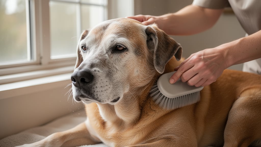 An elderly dog receiving a gentle grooming with soft brush, relaxed in a calm home setting.