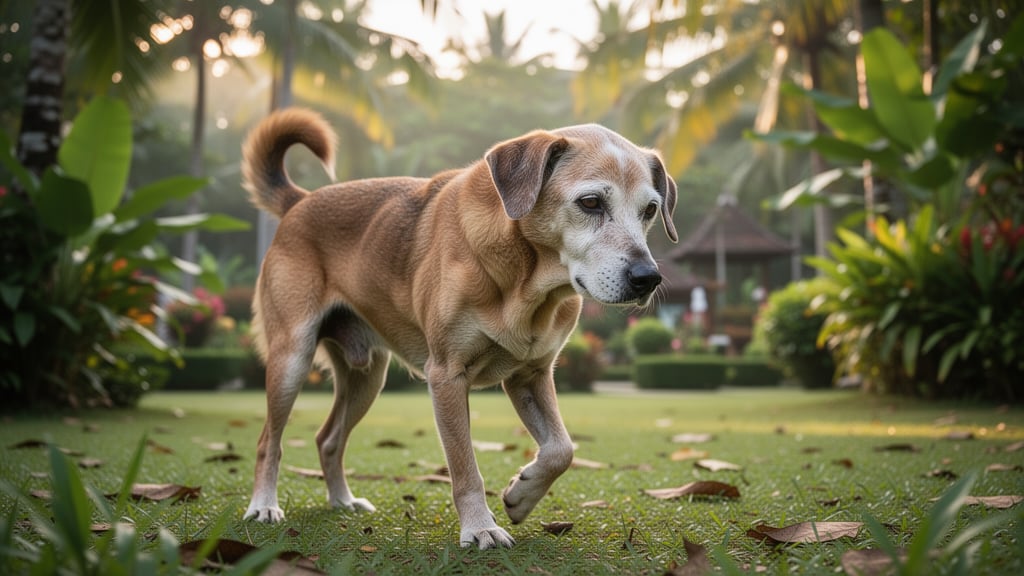 A dog moving carefully in a tropical garden setting, illustrating the mobility challenges that hip dysplasia can cause.