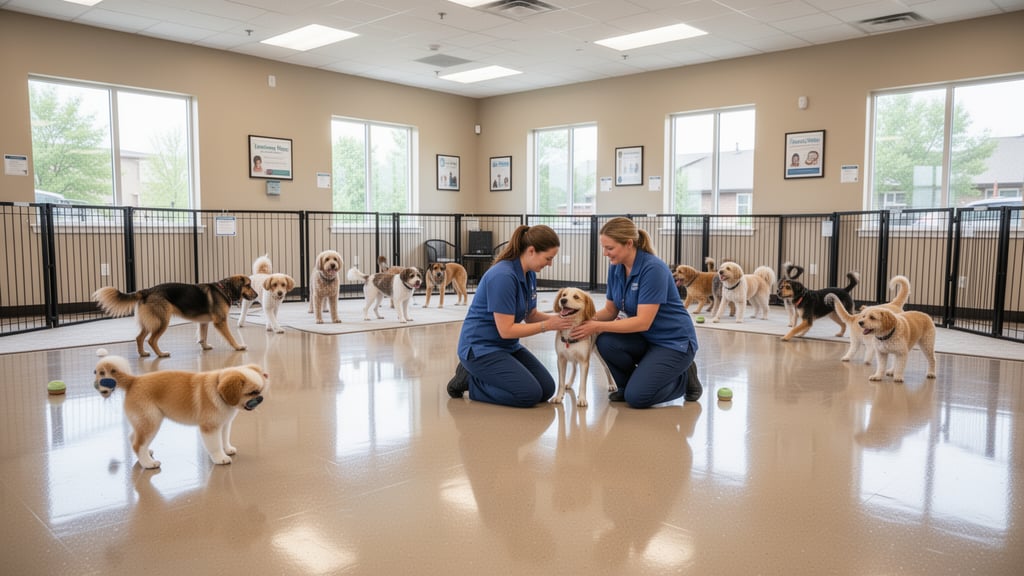 A clean indoor dog boarding facility with multiple dogs playing under staff supervision.