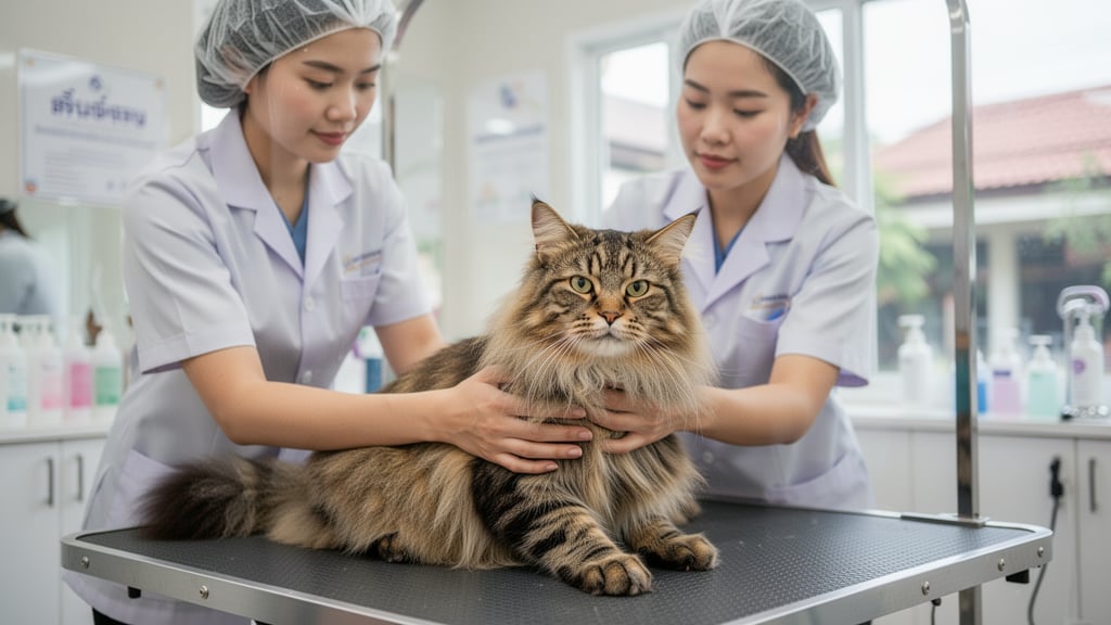 A professional groomer gently handling a longhaired cat on a grooming table in a bright, clean salon.