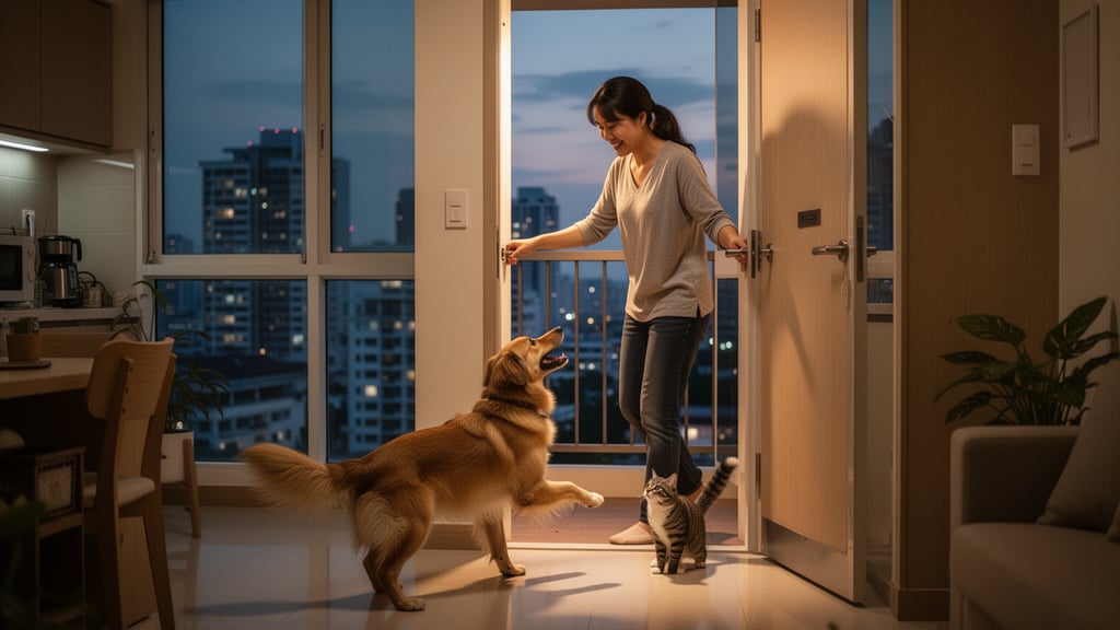 A pet owner arriving home in the evening, their dog greeting them joyfully at the apartment door.