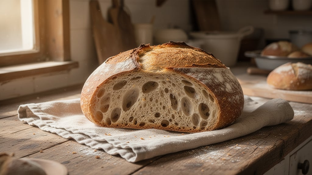 Golden-brown sourdough loaf with open crumb structure on wooden board with linen cloth