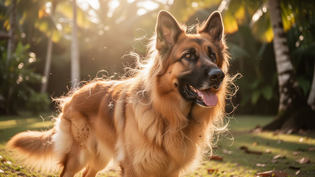 A fluffy double-coated dog standing in bright tropical sunlight with visible loose hair in its coat.
