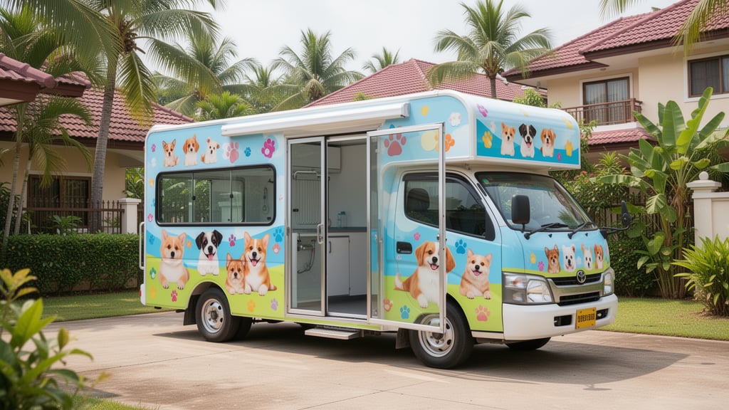A mobile pet grooming van parked in a residential Thai driveway with tropical greenery in the background