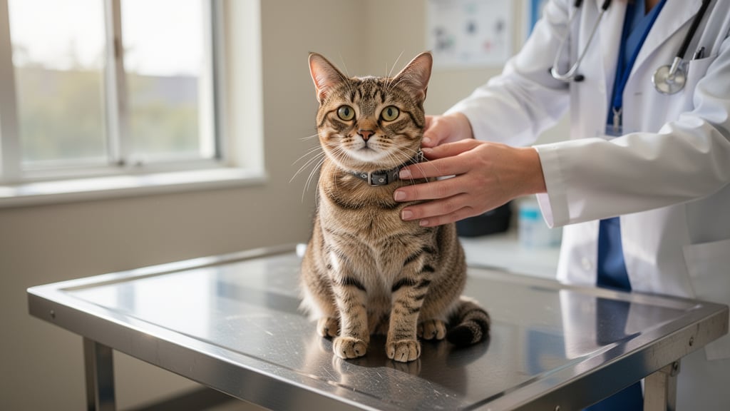 A calm pet at a veterinary clinic during examination for international travel preparation.