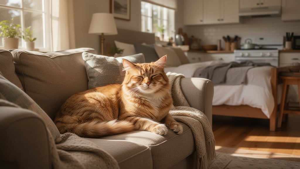 A relaxed pet in a home environment with natural lighting