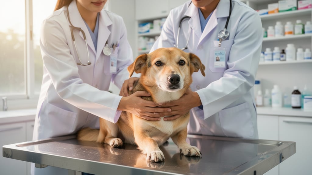 Veterinarian examining a dog during a routine clinic visit in Thailand.