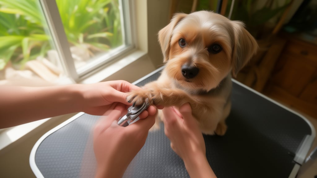 Groomer's hands holding a dog's paw during nail trimming with clippers in natural light.