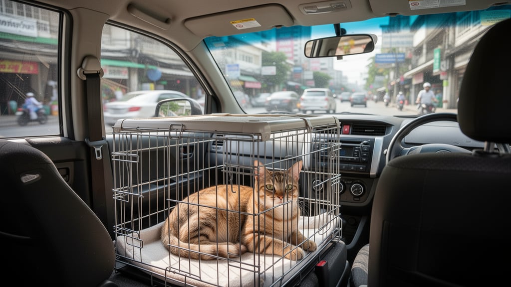 A calm pet sitting securely in an air-conditioned vehicle during transport.