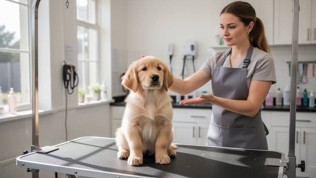 A young puppy sits peacefully on a grooming table while a professional groomer approaches with a reassuring hand gesture in a bright, clean salon.