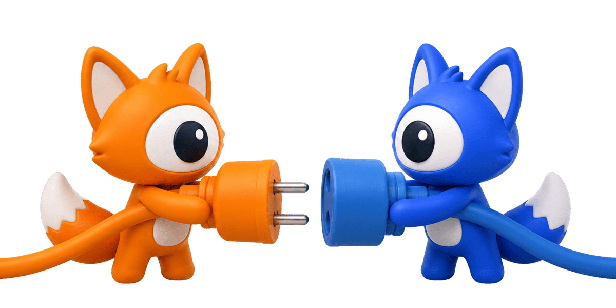 Two FullVision fox mascots connecting a plug and socket