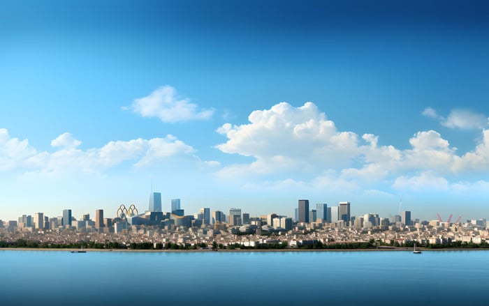 View of a smart city skyline from the sea.