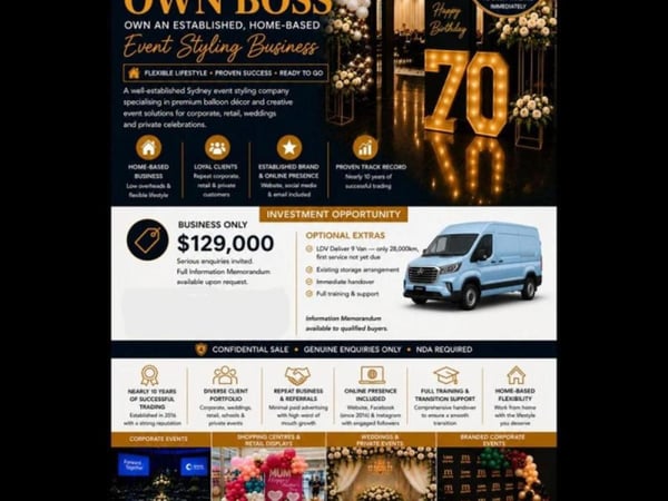Established Event Styling Business for Sale- Busy Rouse Hill, NSW - Servicing Sydney-wide - Home-Based - Established Clientele - Training & Support -  primary image
