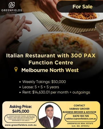 $50K/Week Italian Restaurant with 300 Seater Function Centre for Sale Melbourne West