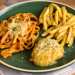 Baked Fish with Pasta ‘n Crispy Fries​