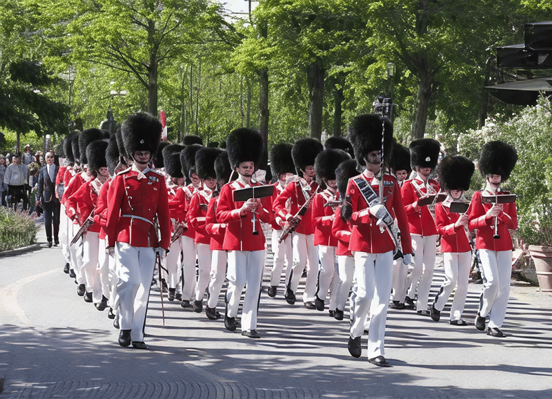 Britiske garder i røde uniformer og høje sorte hatte marcher i parade gennem grønt område.