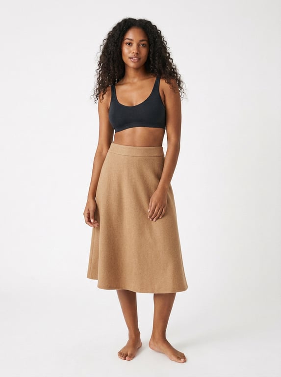 AI bottoms try-on camel midi skirt by Visio