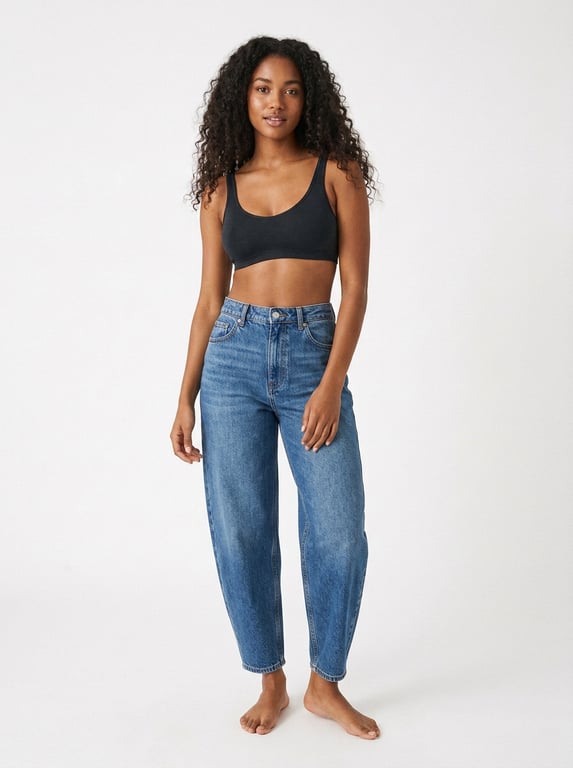 Try on barrel-leg denim with AI