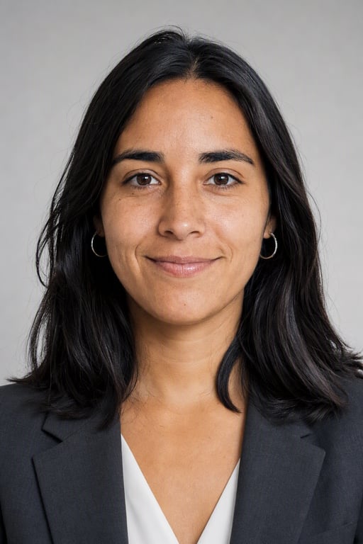 La misma mujer con blazer gris oscuro sobre un fondo de estudio gris claro, retrato generado por Visio AI