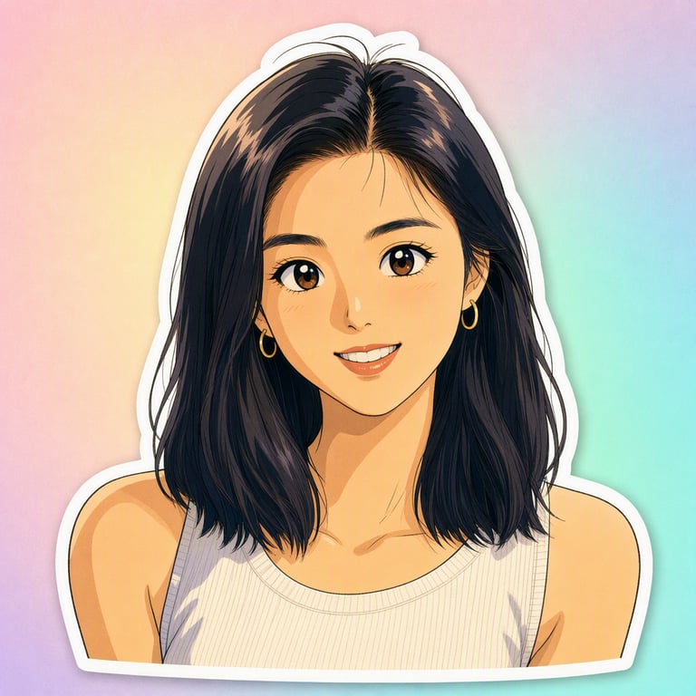 同一位女性被 Visio AI 重画成九十年代日系动漫贴纸